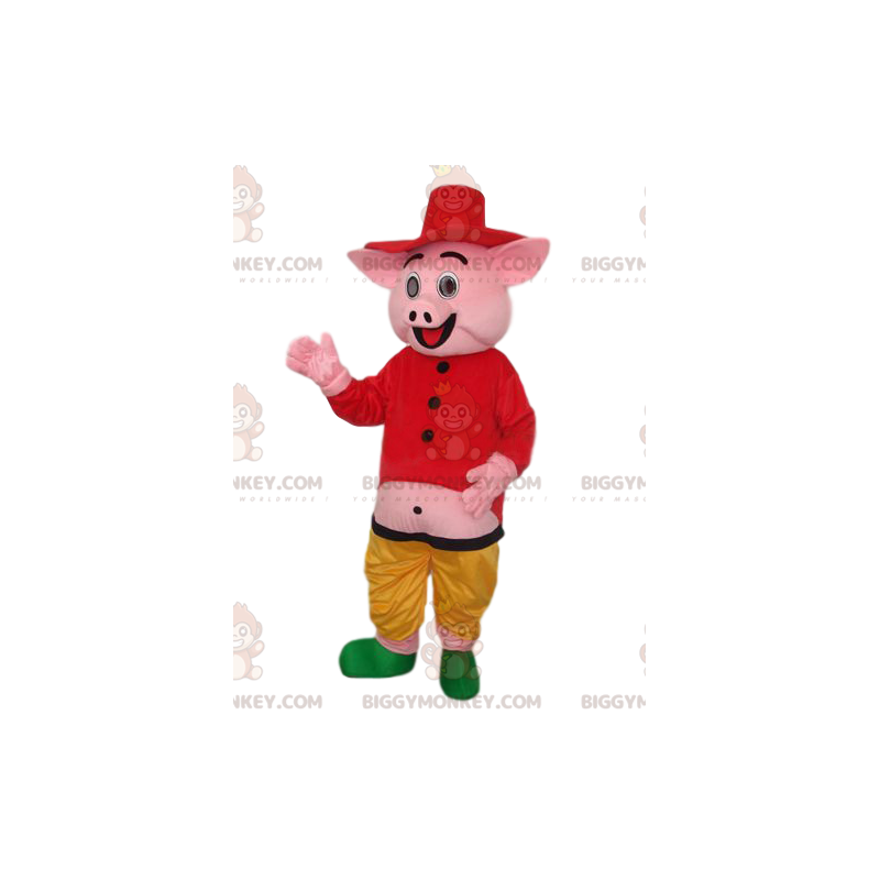 BIGGYMONKEY™ Pink Pig Mascot Costume with Shirt and Straw Hat -