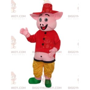 BIGGYMONKEY™ Pink Pig Mascot Costume with Shirt and Straw Hat -