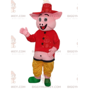 BIGGYMONKEY™ Pink Pig Maskottchen-Kostüm mit Hemd und Strohhut