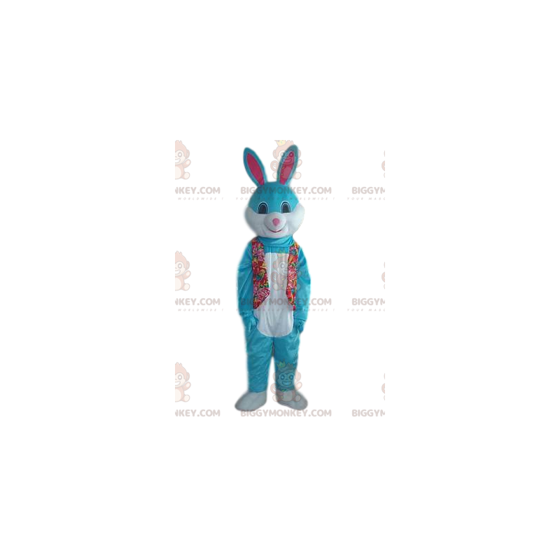 Blue and White Rabbit BIGGYMONKEY™ maskottiasu söpöllä hymyllä
