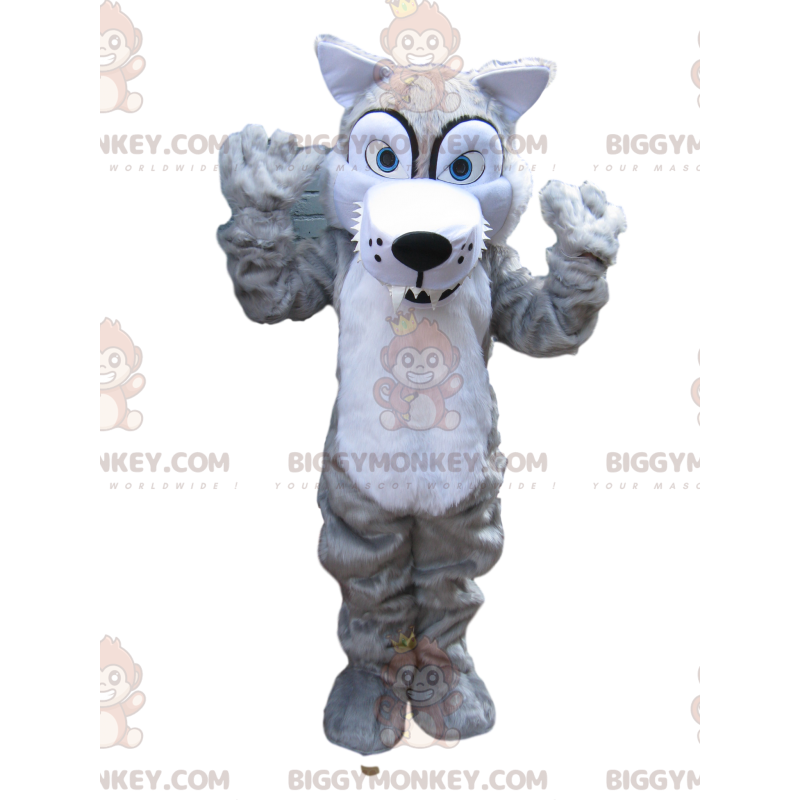Costume da mascotte da lupo grigio spaventoso con denti grandi
