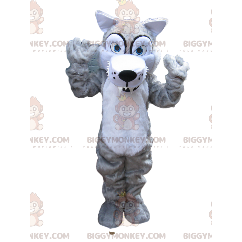 Fantasia de mascote de lobo cinzento assustador com dentes