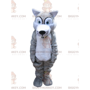 Costume da mascotte da lupo grigio spaventoso con denti grandi