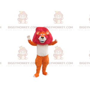 Oranssi leijona BIGGYMONKEY™ maskottiasu upealla fuksiaharjalla