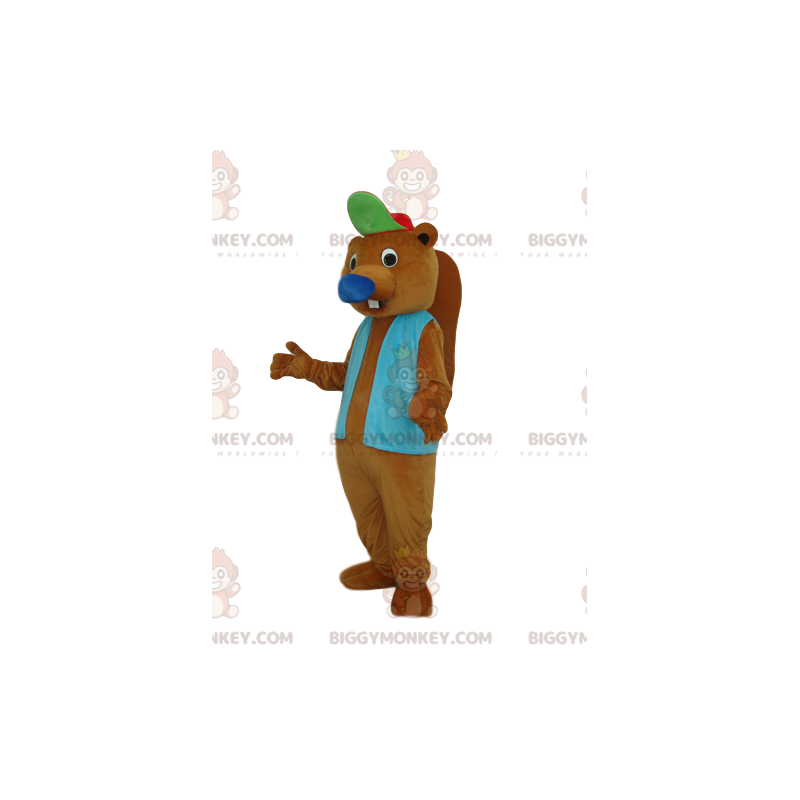 Brauner Biber BIGGYMONKEY™ Maskottchen-Kostüm mit blauer Jacke
