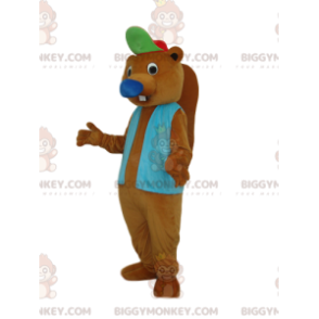 Brown Beaver BIGGYMONKEY™ mascottekostuum met blauwe jas en pet