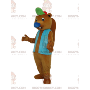 Ruskea Beaver BIGGYMONKEY™ maskottiasu, jossa sininen takki ja