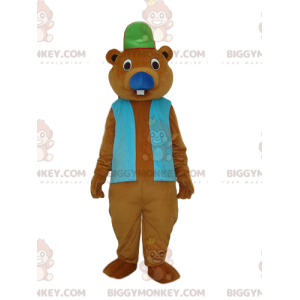 Brown Beaver BIGGYMONKEY™ mascottekostuum met blauwe jas en pet