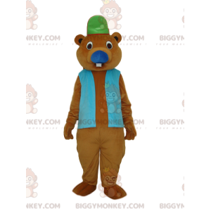 Traje de mascote BIGGYMONKEY™ de castor marrom com jaqueta azul