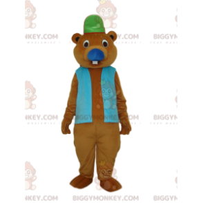 Brauner Biber BIGGYMONKEY™ Maskottchen-Kostüm mit blauer Jacke