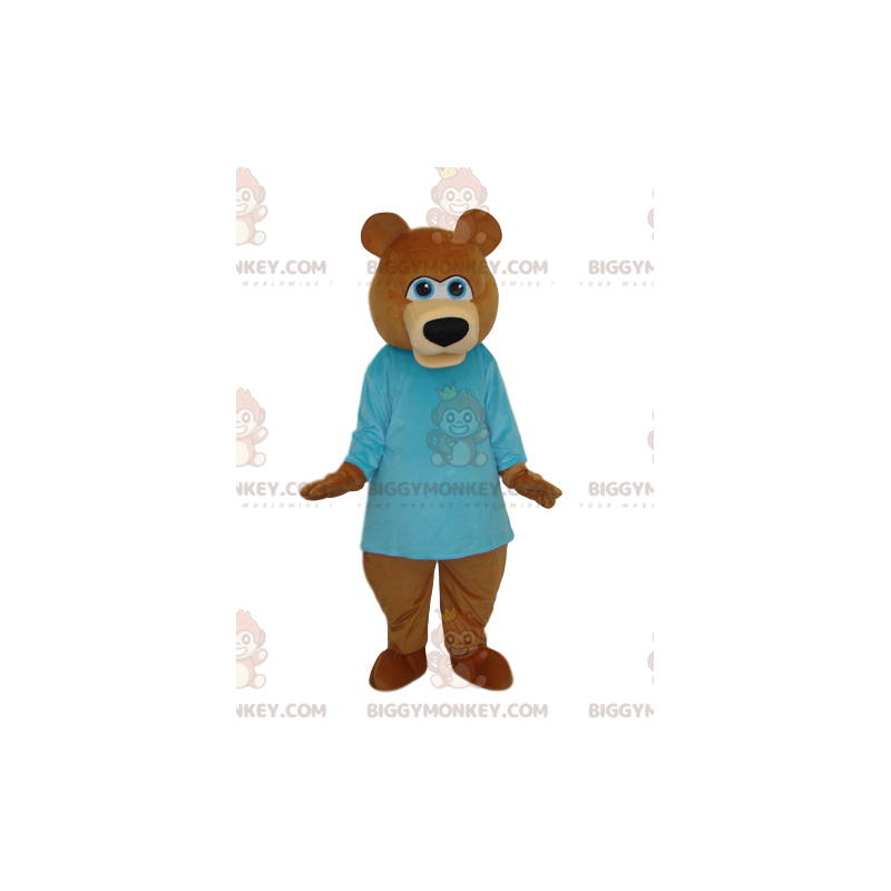 Kostým maskota medvěda hnědého BIGGYMONKEY™ s modrou košilí –