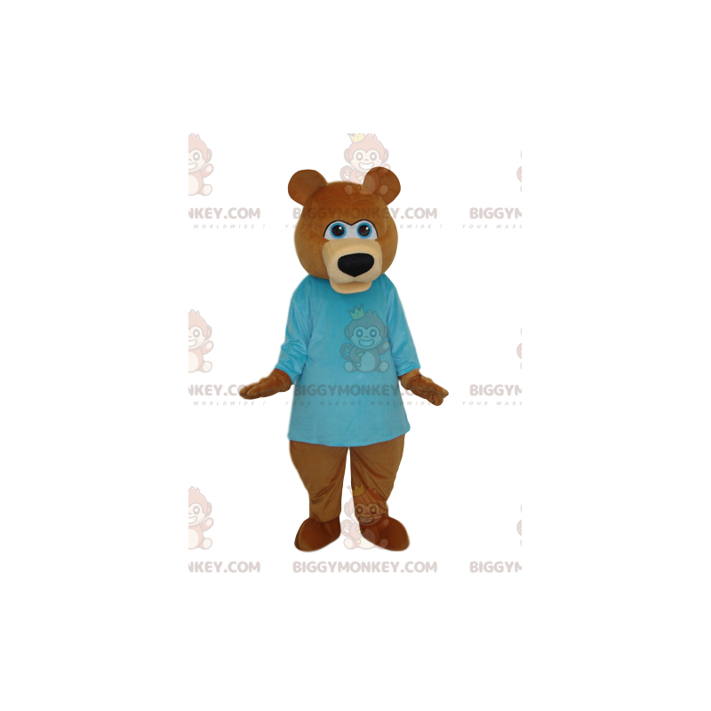 Traje de mascote de urso pardo BIGGYMONKEY™ com camisa azul –