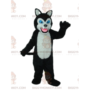 BIGGYMONKEY™ mascottekostuum zwart-witte wolf met blauwe ogen -