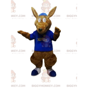 BIGGYMONKEY™ maskotkostume Brun kænguru med blå skjorte -