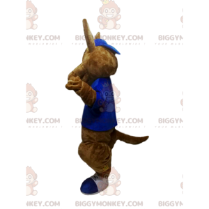 BIGGYMONKEY™ maskotkostume Brun kænguru med blå skjorte -