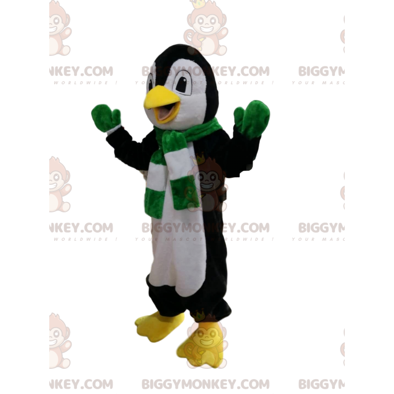 BIGGYMONKEY™ Maskotdräkt Svartvit pingvin med grön och vit