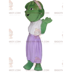 Grüne Kreatur BIGGYMONKEY™ Maskottchenkostüm mit lila Rock -