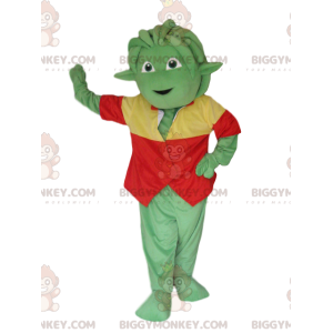 Grön Creature BIGGYMONKEY™ maskotdräkt med röd och gul väst -