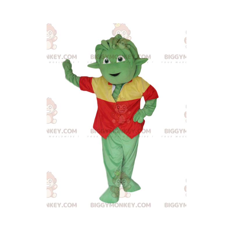 Green Creature BIGGYMONKEY™ maskotkostume med rød og gul vest -