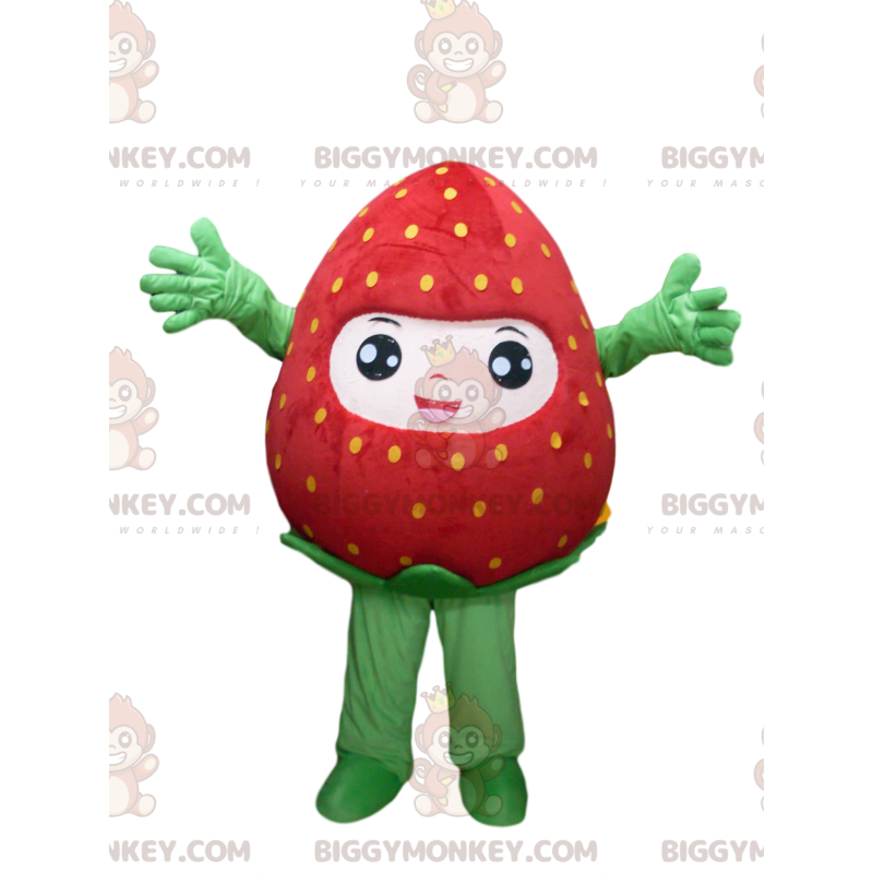 Traje de mascote BIGGYMONKEY™ de morango muito feliz. fantasia