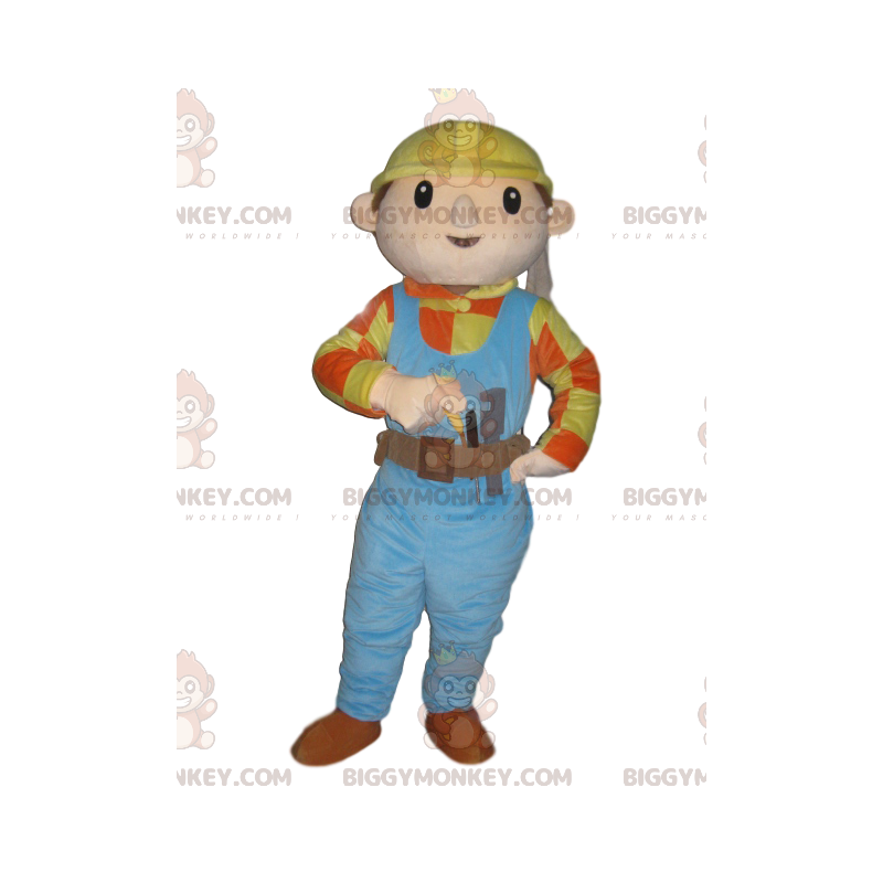 Handyman BIGGYMONKEY™ maskotkostume med blå overalls og gul