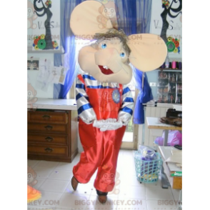 Mouse BIGGYMONKEY™ Mascot Costume In Red Overalls With Big Ears