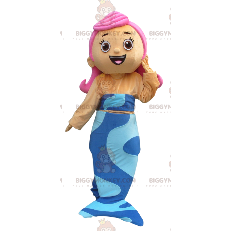 Traje de mascote de sereia BIGGYMONKEY™ com cauda azul e cabelo