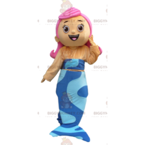 Traje de mascote de sereia BIGGYMONKEY™ com cauda azul e cabelo