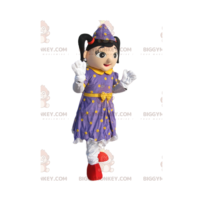 Fairy BIGGYMONKEY™ mascot costume with purple dress with yellow