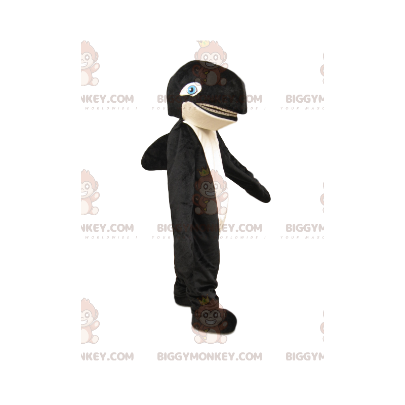 Traje de mascote BIGGYMONKEY™ de orca preta e branca com olhos