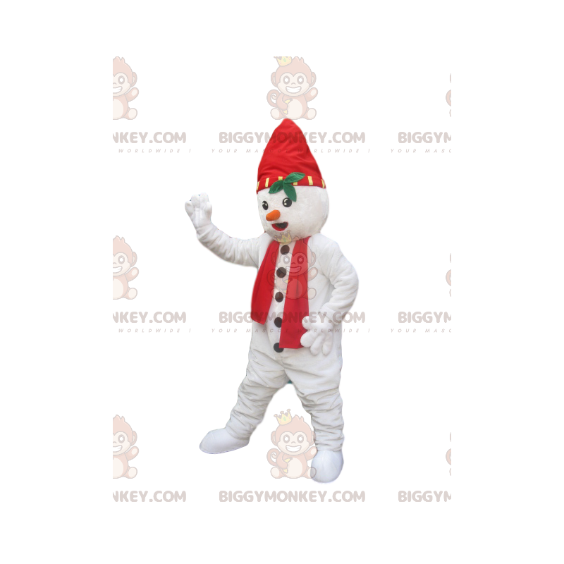 BIGGYMONKEY™ Snowman Mascot Costume with Hat and Red Scarf –