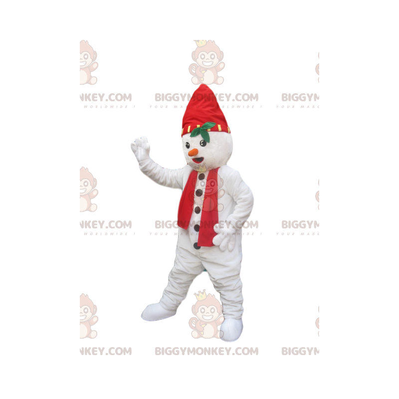 Στολή μασκότ Snowman BIGGYMONKEY™ με καπέλο και κόκκινο κασκόλ