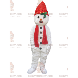 Στολή μασκότ Snowman BIGGYMONKEY™ με καπέλο και κόκκινο κασκόλ