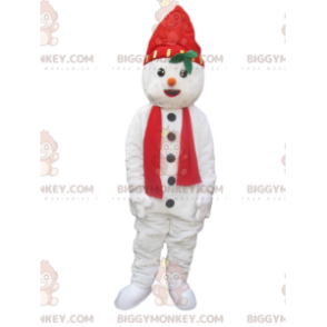 BIGGYMONKEY™ Schneemann-Maskottchen-Kostüm mit Hut und rotem