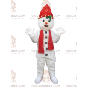BIGGYMONKEY™ Schneemann-Maskottchen-Kostüm mit Hut und rotem