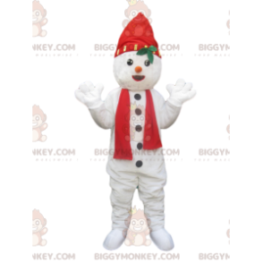 Στολή μασκότ Snowman BIGGYMONKEY™ με καπέλο και κόκκινο κασκόλ