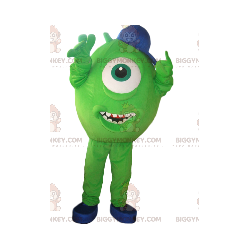 Disfraz de mascota BIGGYMONKEY™ Cíclope verde con gorra azul -