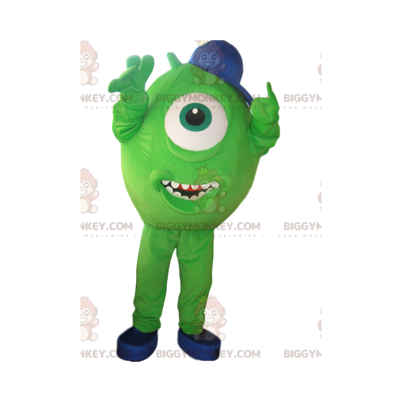 Traje de mascote BIGGYMONKEY™ Ciclope verde com gorro azul –