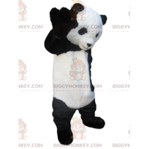 Traje de mascote BIGGYMONKEY™ de panda preto e branco com um