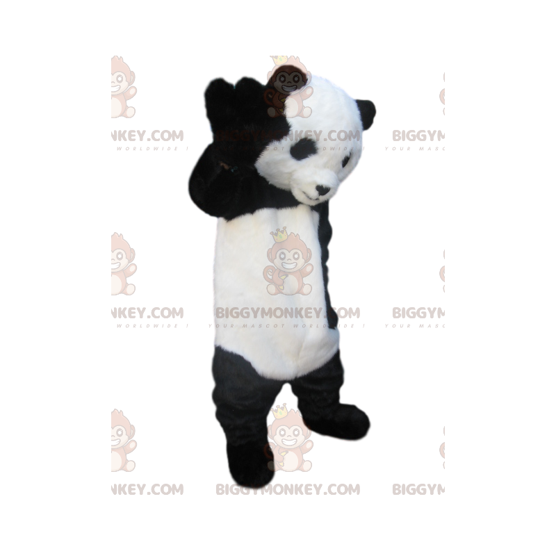 Traje de mascote BIGGYMONKEY™ de panda preto e branco com um