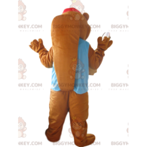 Traje de mascote de castor marrom BIGGYMONKEY™ com jaqueta azul