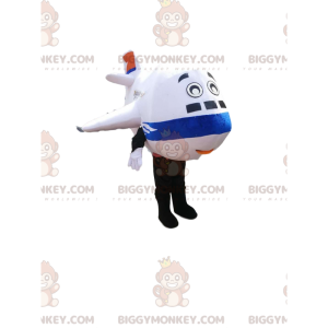 Traje de mascote de avião branco e azul BIGGYMONKEY™. traje de