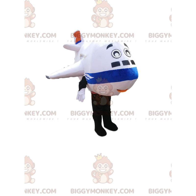 Traje de mascote de avião branco e azul BIGGYMONKEY™. traje de