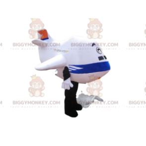 Disfraz de mascota BIGGYMONKEY™ de avión blanco y azul. disfraz