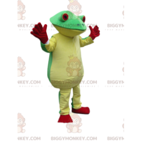 Traje de mascote BIGGYMONKEY™ de sapo verde e amarelo com