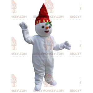 Kostým maskota BIGGYMONKEY™ sněhuláka s červeným kloboukem a