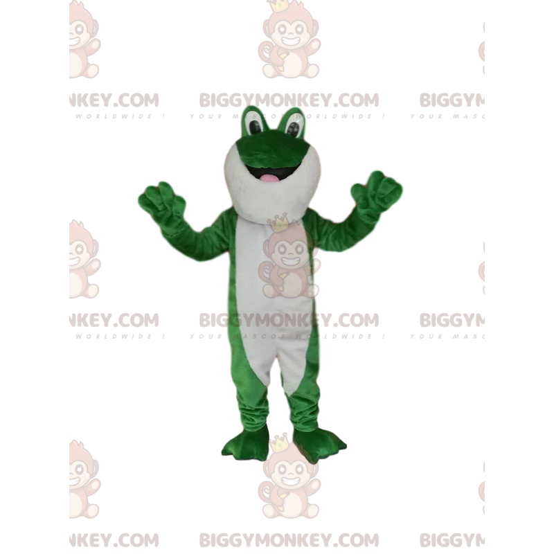 Traje de mascote BIGGYMONKEY™ de sapo verde e branco com olhos