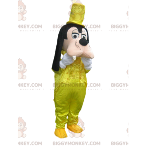 Traje de mascote pateta BIGGYMONKEY™ com terno de cetim amarelo