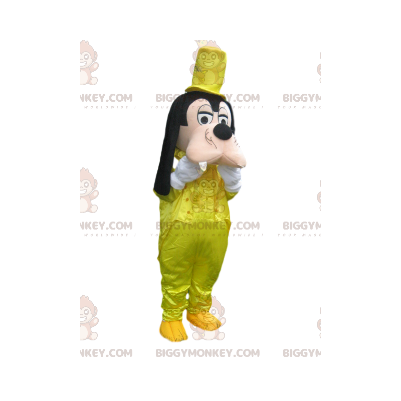 Traje de mascote pateta BIGGYMONKEY™ com terno de cetim amarelo