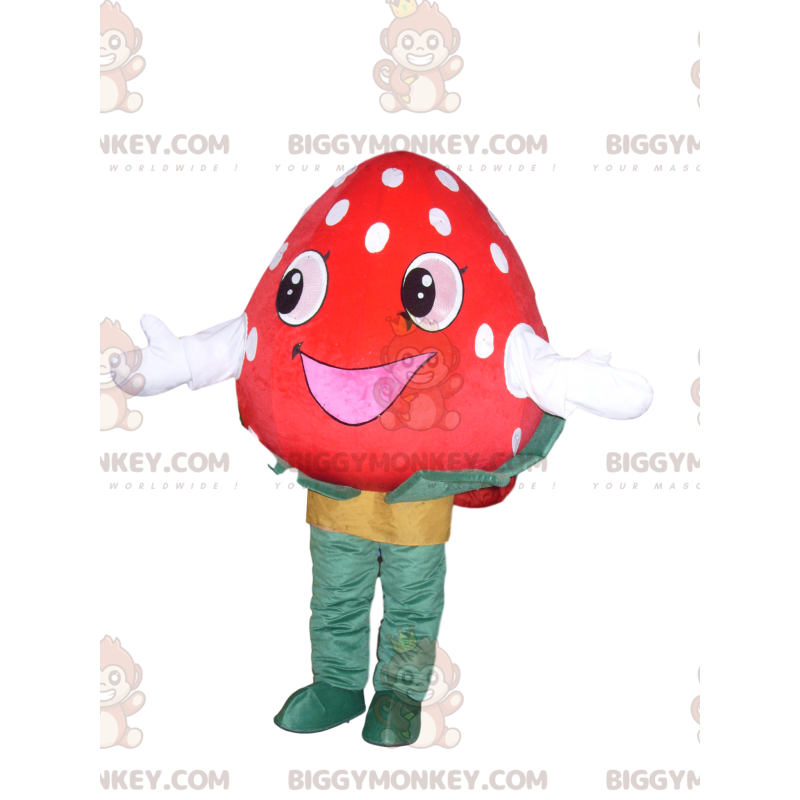 Traje de mascote Strawberry BIGGYMONKEY™ com um sorriso